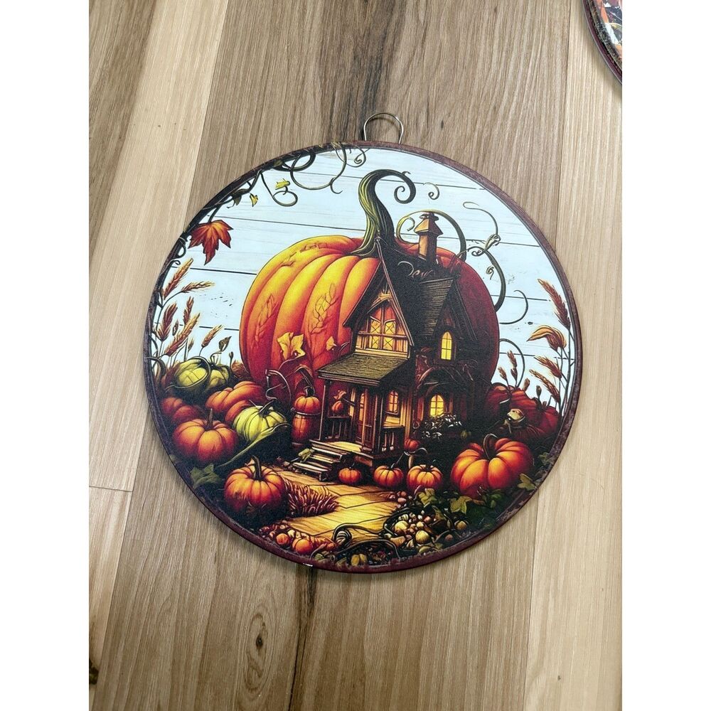 Pumpkin Cottage Autumn Harvest 8" Round Metal Sign – Fall & Halloween Decor!